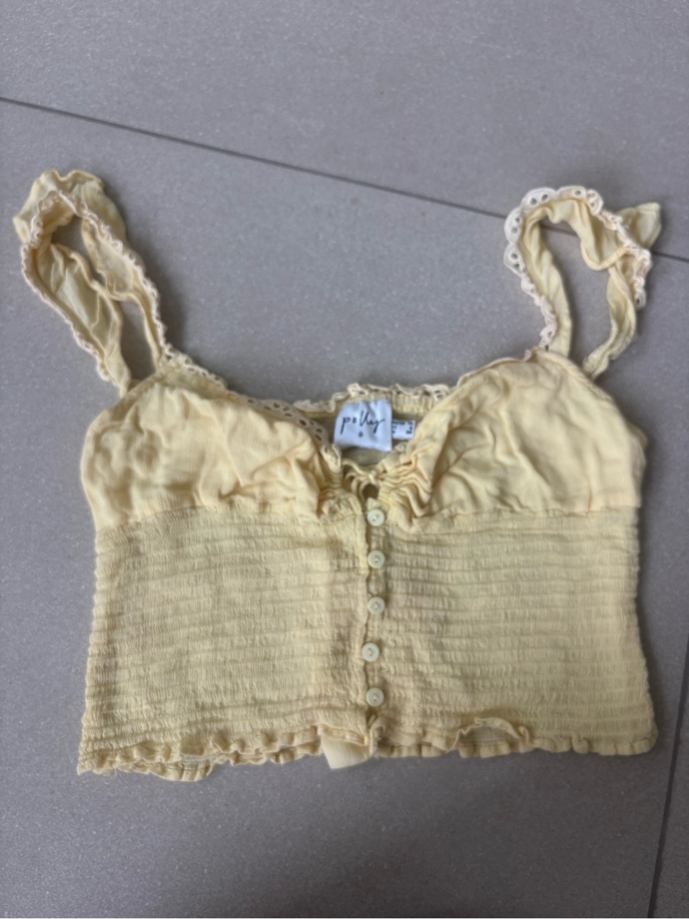 Princess Polly Pale Yellow Smocked Button-Front Crop Camisole